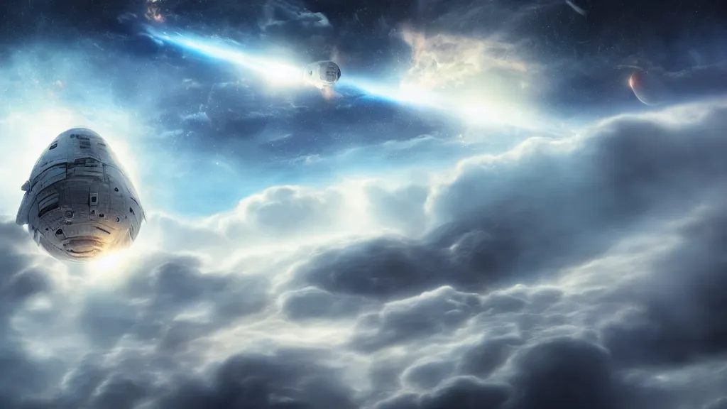 Prompt: space ship bursting through the clouds, dramatic cinematic action shot, matte painting, concept art, realistic, fluffy clouds, sci fi, space craft, 8k