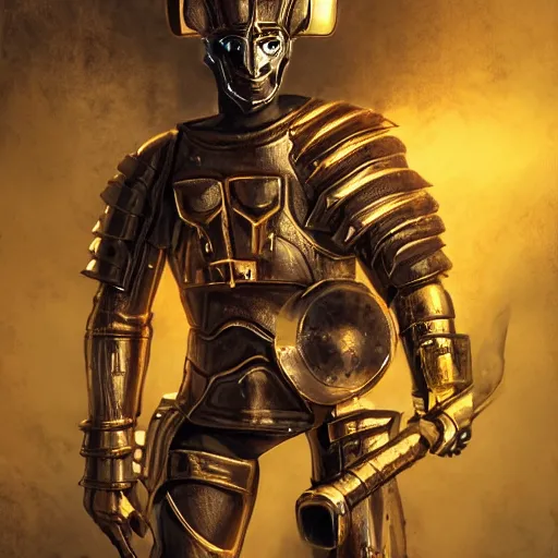 Image similar to retrofuture cyberpunk spartan tall holding spear golden face mask gold armor ryan church, jon mccoy, george hull