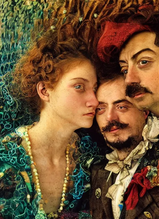 Prompt: detailed colourful masterpiece of photography by anne leibovitz couple portrait sat down extreme closeup, love, inside an underwater train, detailed realistic expressions, wearing unusual clothes, tsunami, by ford madox brown and william powell frith