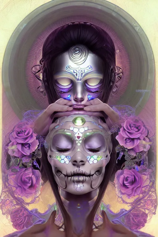 Image similar to ultra detailed female android deity, eyes closed, 8 k, flowerpunk, sci - fi, fantasy, moody, calm, ( dia de los muertos ), asymmetrical, concept art, art by artgerm and giger and michael welan and alphonse mucha and loish and wlop