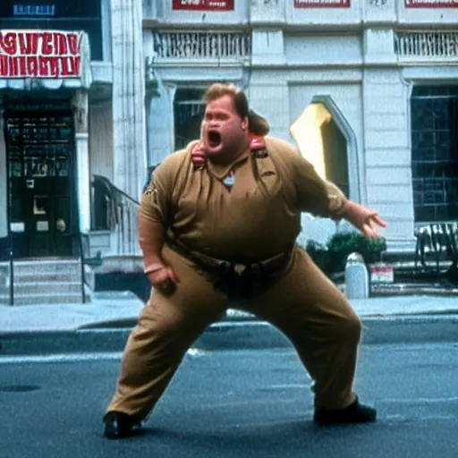 Image similar to Chris Farley as a Ghostbuster in the movie Ghostbusters 8k hdr