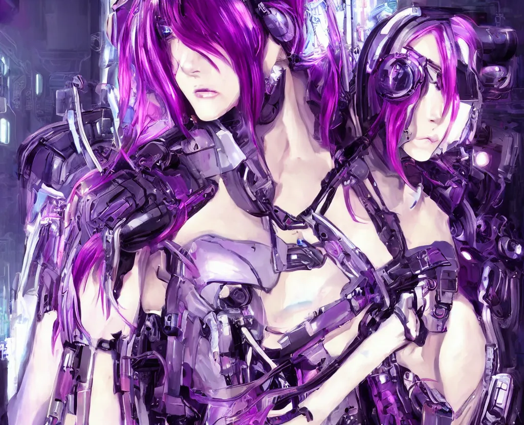 Image similar to A beautiful painting of a cyberpunk anime girl with purple hair and an a huge robot arm sensual stare, Trending on artstation. augmentations and cybernetic enhancements neon circuits, , futuristic, blade runner, detailed, intricate, elegant, highly detailed, digital painting, artstation, concept art, smooth, sharp focus, akira style illustration, art by Krenz Cushart and Artem Demura and Alphonse Mucha ❤️‍🔥 🔥 💀 🤖 🚀