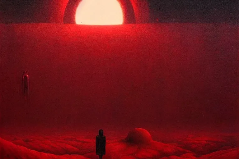 Image similar to only with red, a red god of death eat apple, a futuristic city on mars in background, an ancient path, pathos, in the style of beksinski, part by hopper, part by rodcenko, part by hofbauer, intricate composition, red by caravaggio, insanely quality, highly detailed, masterpiece, red light, artstation