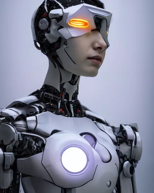 Image similar to 3 / 4 portrait photo by bouguereau of female dancer as a cyberpunk mecha humanoid robotic parts with bright led lights, wearing cyberpunk crown, inside white room, ultra - realistic and detailed, 8 k