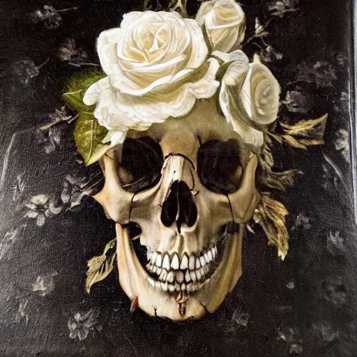 Prompt: a detailed gritty looking baroque still life oil painting of a human skull with white roses coming out of the eye sockets and and shining white diamonds sitting inside the roses, dark black rippling lace curtains behind, wide shot