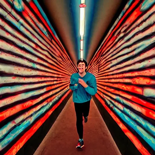 Image similar to terrified young man in a straightjacket running toward you in the Bund Sightseeing Tunnel, Shanghai, China by Alex Grey and Jeffrey Smith