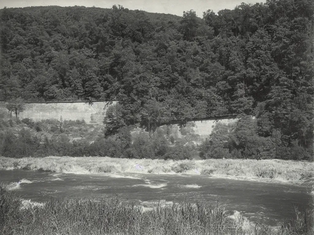 Prompt: photograph of a field by a dam and a river, new england