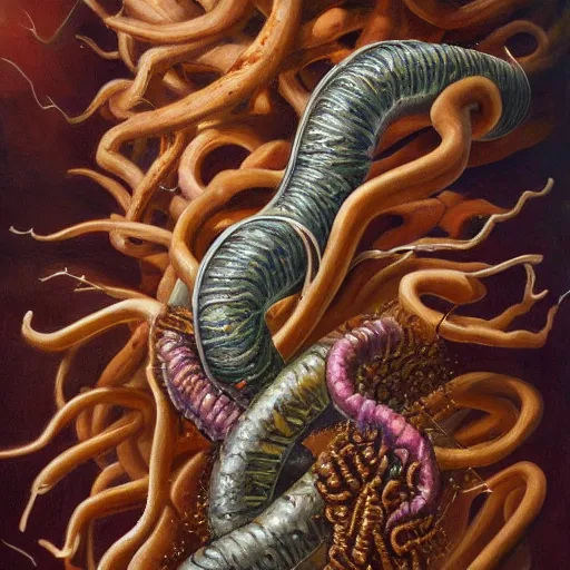 Prompt: mood, apocalyptic airbrush by martin grelle. a painting of the human intestine in all its glory. each section of the intestine is labelled, & various items & creatures can be seen inside, such as bacteria, food particles, & even a little mouse.