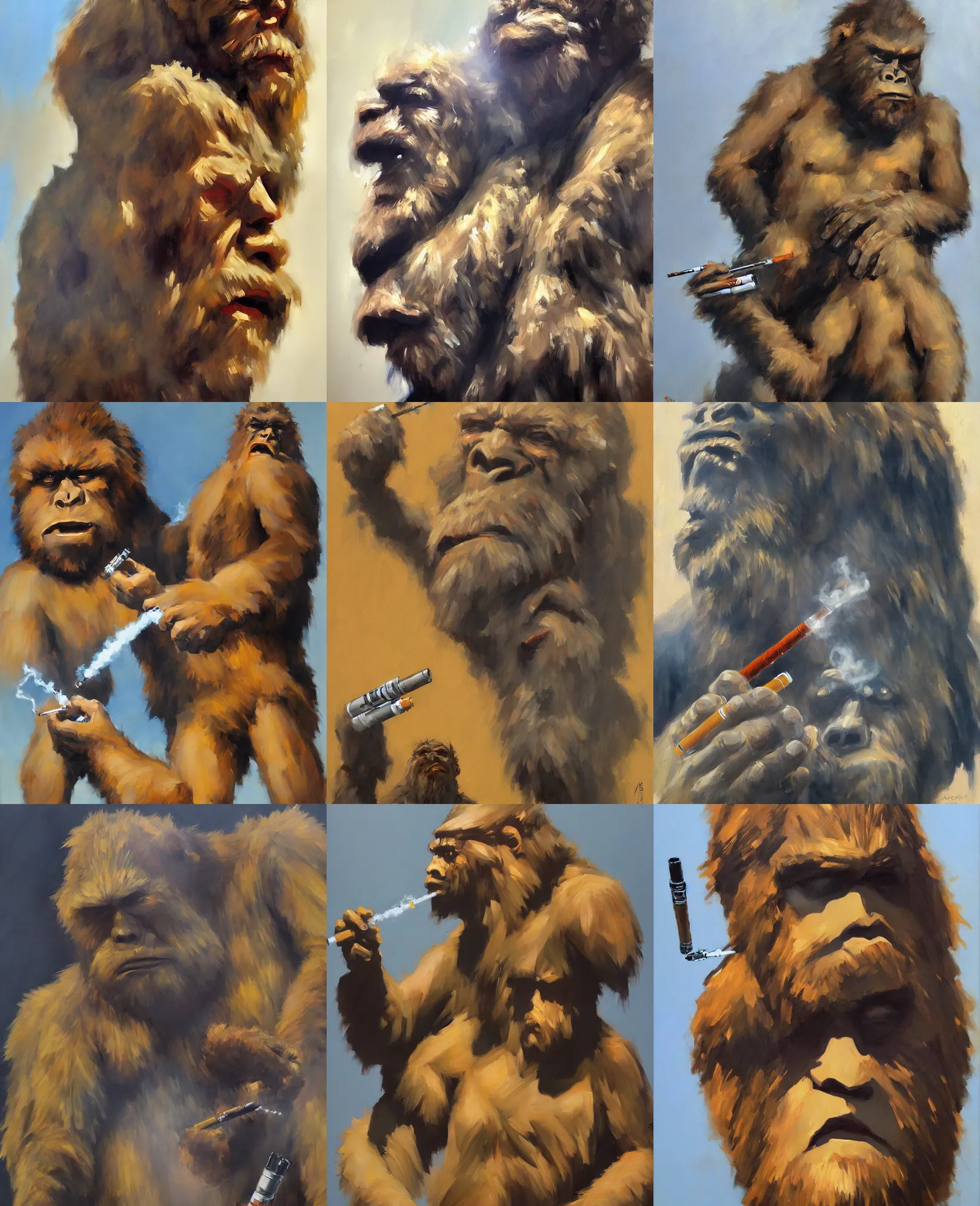 Prompt: a greg manchess portrait panting of sasquatch smoking an e cigarette, medium shot, asymetrical, profile picture, organic painiting, matte paiting, bold shapes, hard edges, trending on artstation,