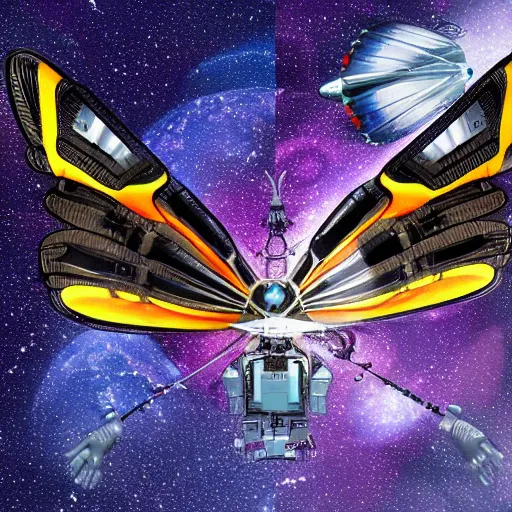 Prompt: a cyborg butterfly with mechanical wings flying past a space station, sci-fi, illustration