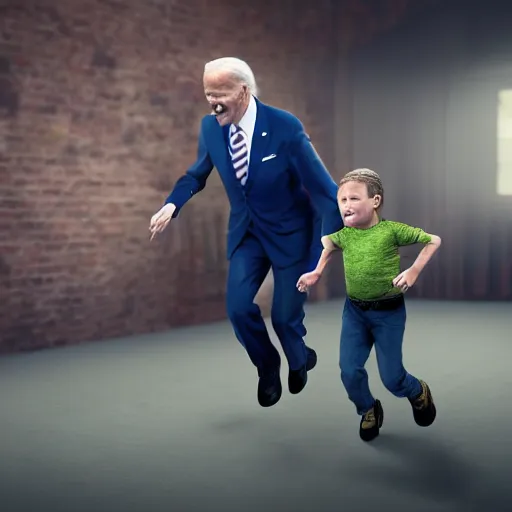 Image similar to joe biden chasing a child in the backrooms, hyper - realistic, 4 k, octane - render, realistic.