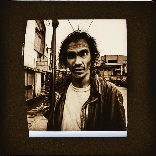 Image similar to polaroid picture, sepia, homeless manu chao in the streets of bogota, ethereal, trending on artstation