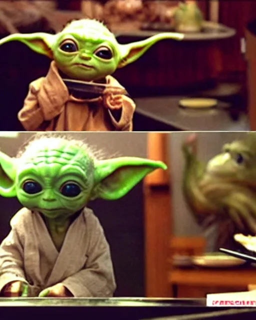 Prompt: baby yoda eating an alien squid thing in the style of dae - su eating an octopus at the sushi bar in oldboy