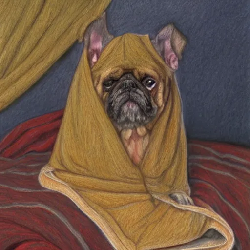 Image similar to a painting of a dog wrapped in a blanket, a color pencil sketch by robert bateman, tumblr contest winner, furry art, tarot card, pre - raphaelite, storybook illustration