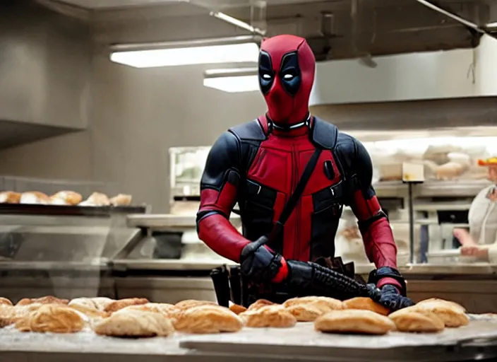 Prompt: film still of Deadpool working in a bakery in the new Deadpool movie, 4k