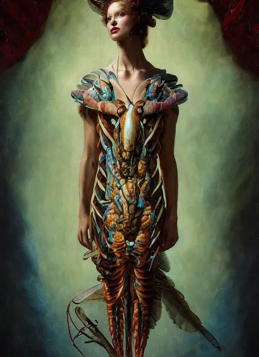 Image similar to highly detailed oil painting | very intricate | cinematic lighting | award - winning | mantis shrimp fashion by alexander mcqueen | by roberto ferri, by tom bagshaw, by j. c. leyendecker and klimt, american romanticism, by austin osman spare, artstation, cgsociety, official art, octane