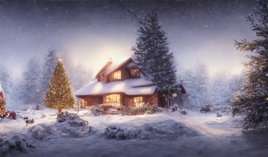 Image similar to a christmas eve in a beautiful home, photorealistic landscape painting on the wall, ascher clemens, home, interior, octane render, deviantart, greg rutkowski, cinematic, key art, hyperrealism, canon eos c 3 0 0, ƒ 1. 8, 3 5 mm, 8 k, medium - format print