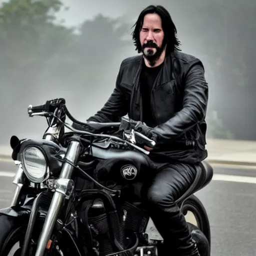 Image similar to Keanu reeves in black biker gear foggy pic 4K detail