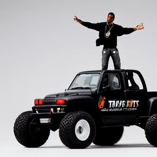 Prompt: travis scott figure standing on top of a black toy monster truck, studio lighting, white background