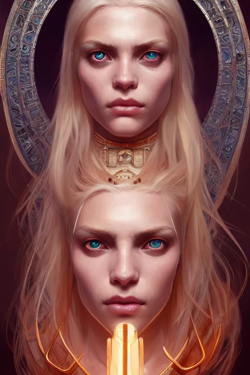 Image similar to symmetry!! portrait of a blonde haired woman in the style of god of war, machine parts embedded into face, intricate, elegant, highly detailed, digital painting, artstation, concept art, smooth, sharp focus, illustration, art by artgerm and greg rutkowski and alphonse mucha, 8 k