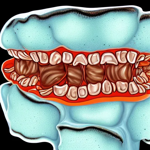 Prompt: a mushroom coated in layers of overlapping teeth