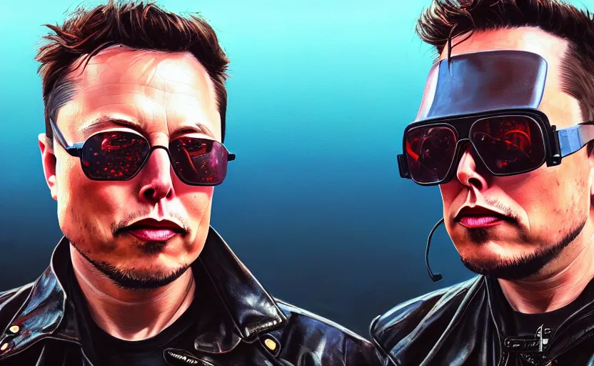 Image similar to closeup painting of elon musk, cyberpunk, wearing light blue shutter shades and a dark brown leather jacket, portrait, hyperdetailed, artstation, cgsociety, 8 k, synthwave by tangerine dream