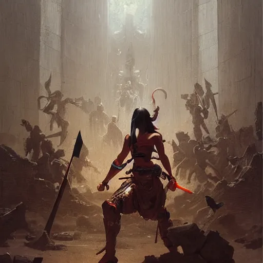 Prompt: a beautiful painting of a female warrior raiding an evil cult temple by jean - leon gerome and greg rutkowski, trending on artstation