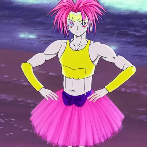 Image similar to hisoka from hunter x hunter wearing a pink tutu ballet dress with a shiny chrome banana in his hand while standing on a rainy beach with girls in colorfull bikini ‘ s in the back, anime style, 4 k, high detail,