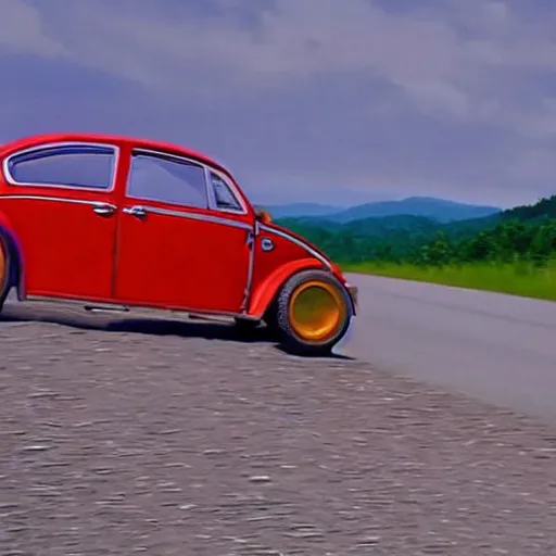 Image similar to promotional scifi - mystery movie scene of a real ladybug that is a hybrid with a ( volkswagen beatle ) hybrid, flying down a dusty back - road in smokey mountains tennessee. cinematic, 4 k, imax, 7 0 mm, muted dramtic color, hdr