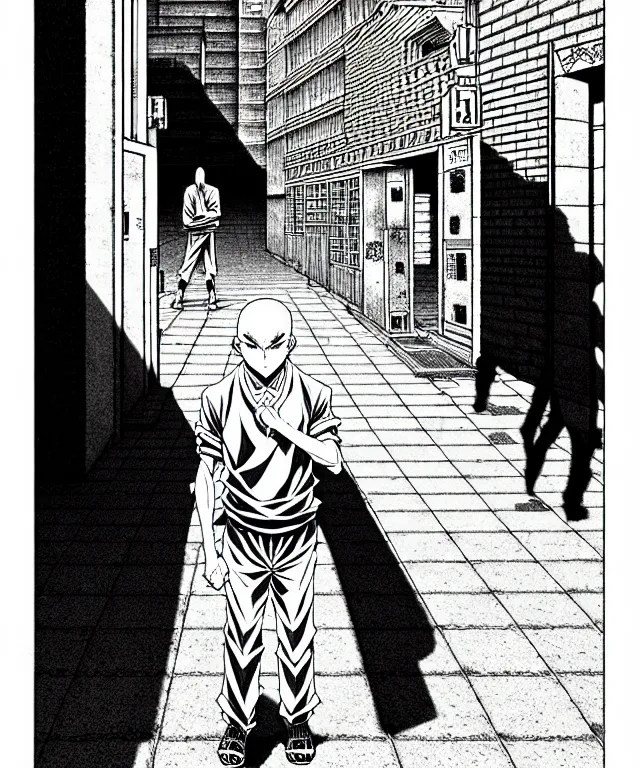 Prompt: A manga cover about a shaved-headed solo bully standing on the sidewalk. Sharp high quality manga cover, fine details, straight lines, architecture in the background, masterpiece, shading, shadows, art, highly detailed drawing by Hirohiko Araki, Akatsuki Akira, Kentaro Miura