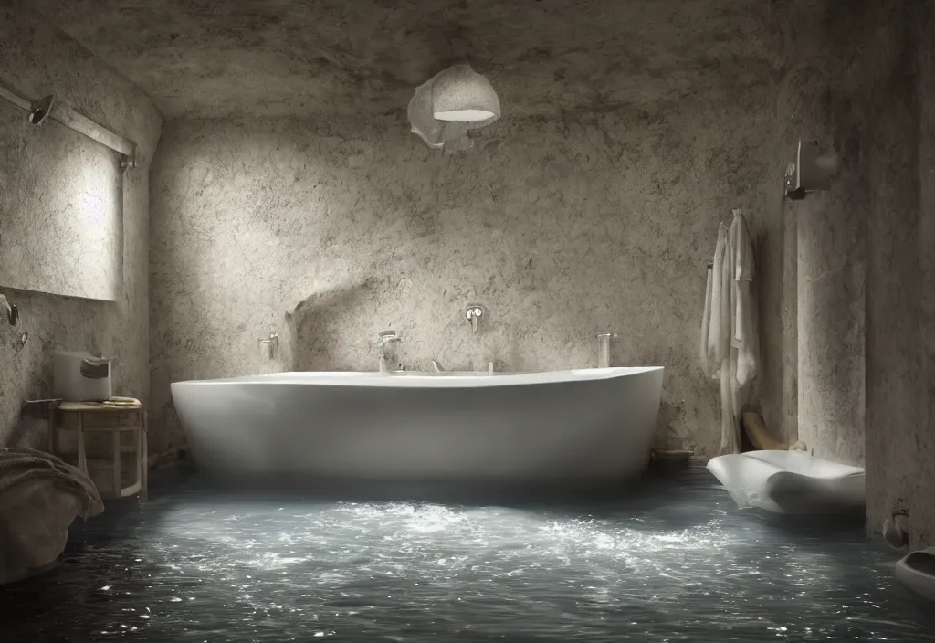 Image similar to kodak portra 4 0 0 photographic and realistic, interior of a bathroom in style of cave, detailed, octane render, unreal engine, 4 k, artstation, hyper realistic, wide angle, floor flooded, how a river, objects that float, 3 5 mm, sharp focus, soft light, volumetric light, in the style of gregory crewdson