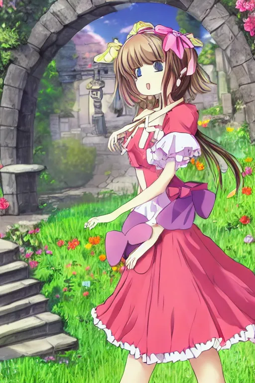 Prompt: a very cute art of a smiling anime girl idol wearing a colorful dress, walking at the garden, walking over a skeleton, in the style of anime, near a stone gate