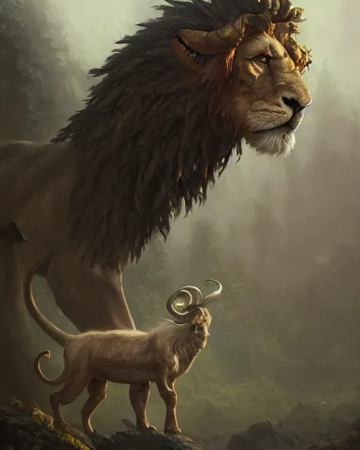 Prompt: oil painting of a chimera with goat head, snake head, lion head, sharp focus, heroic pose, fantasy style, octane render, volumetric lighting, 8k high definition, by greg rutkowski, highly detailed, trending on art Station, magic the gathering artwork, Woodland background, centered