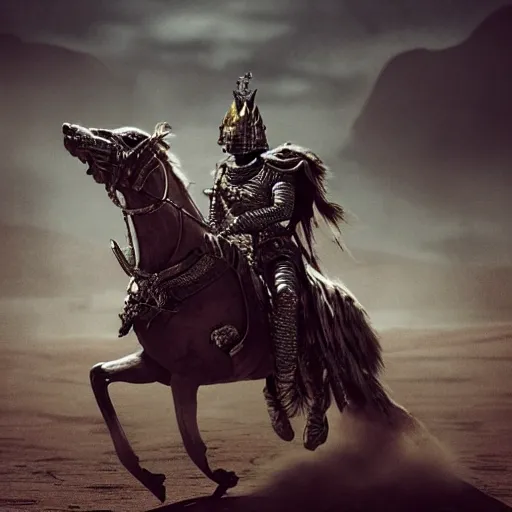 Image similar to the king in the desert dead on the ground, blood on sand, fighting in a dark scene, detailed scene, killed in war, Armour and fallen Crown, highly detailed, blood and dust in the air, action scene, cinematic lighting, dramatic lighting, trending on artstation, elegant, intricate, character design, motion and action and tragedy, fantasy, D&D, highly detailed, digital painting, concept art