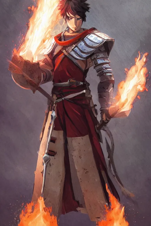 Image similar to male shifter, late 2 0 s, medium brown hair, green eyes, athletic build, scale mail armor, ripped white and red clothes, holding wooden shield and flaming holy symbol, dungeons and dragons, pathfinder, roleplaying game art, concept art, character design, by studio ghibli, makoto shinkai, kim jung giu, poster art, game art