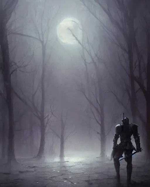 Image similar to Hyper realistic oil painting of an undead knight, knight in the foreground, fog, volumetric lighting, nighttime, moonlight, creepy, by greg rutkowski