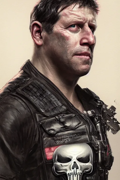 Prompt: a hyper realistic portrait of a Boris Johnson as Punisher, skull image on the vest, highly detailed, digital painting, artstation, concept art, smooth, sharp focus, illustration, cinematic lighting, art by artgerm and greg rutkowski and alphonse mucha