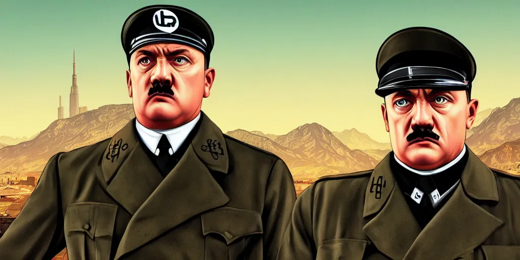 Prompt: adolph hitler in gta v, cover art by stephen bliss, boxart, loading screen, 8 k resolution