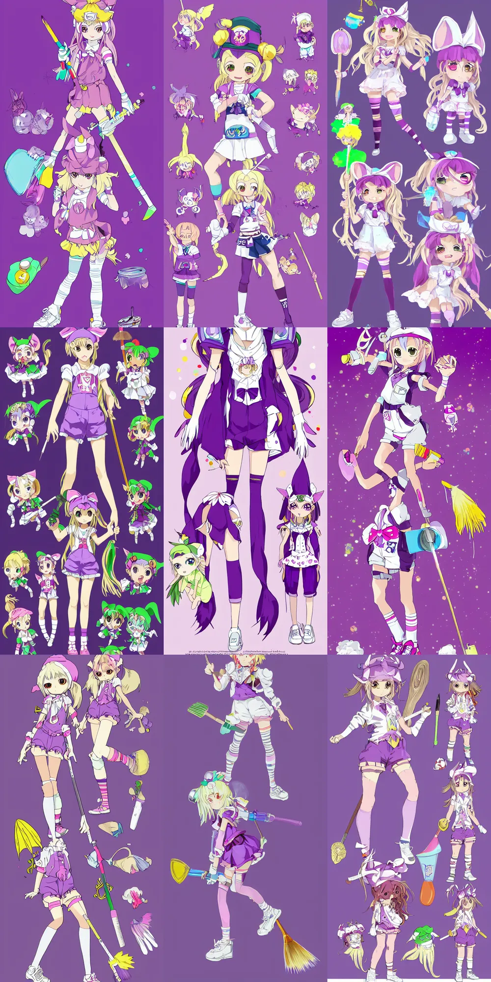 Prompt: A character sheet of an anime magical gremlin girl holding a gremlin paintbrush with short blond gremlin hair and freckles wearing an oversized purple gremlin Beret, Purple gremlin overall shorts, gremlin shoes, and white gremlin leggings covered in gremlins. Rainbow gremlin accents on outfit. Concept Art. Card captor Sakura inspired. Sailor Moon Inspired. Madoka Magica Inspired. By Naoko Takeuchi. By CLAMP. By WLOP.