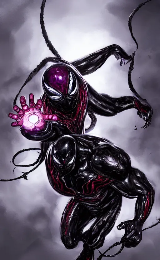 Prompt: venom in a venom inspired ironman suit, purple, black and red, dynamic lighting, photorealistic fantasy concept art, trending on art station, stunning visuals, terrifying, creative, cinematic