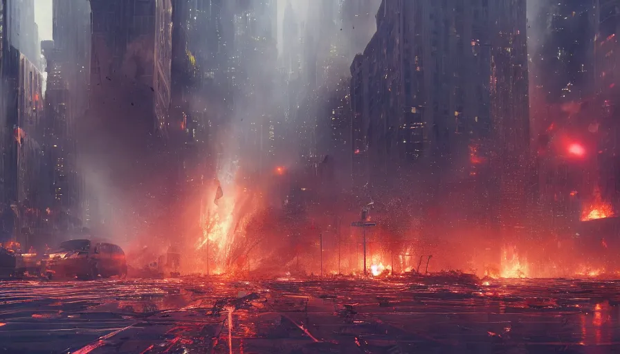 Image similar to Movie scene of New York City destroyed by huge alien spaceship's laser, people fleeing, fire and ashes, smoke columns, hyperdetailed, artstation, cgsociety, 8k