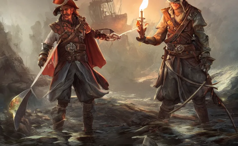 Image similar to concept art of a swashbuckler holding a candle holder discovering a sunken ruins, wearing a cape, grand ship, highly detailed, digital art, illustration, artstation, very detailed, 4 k