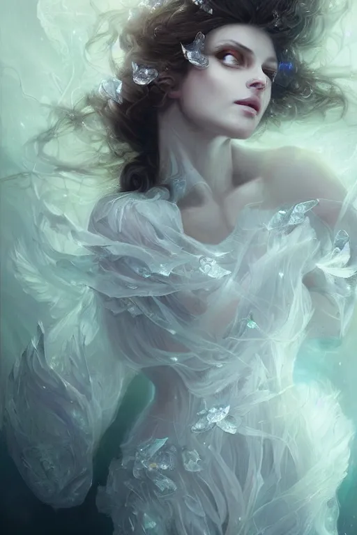 Prompt: beautiful ghost model wearing crystal white dress, holding book, rest face expression, diamonds, angel, fantasy, dramatic lighting, highly detailed, digital painting, magic the gathering, hyper detailed, 3 d render, hyper realistic detailed portrait, peter mohrbacher, wlop, ruan jia