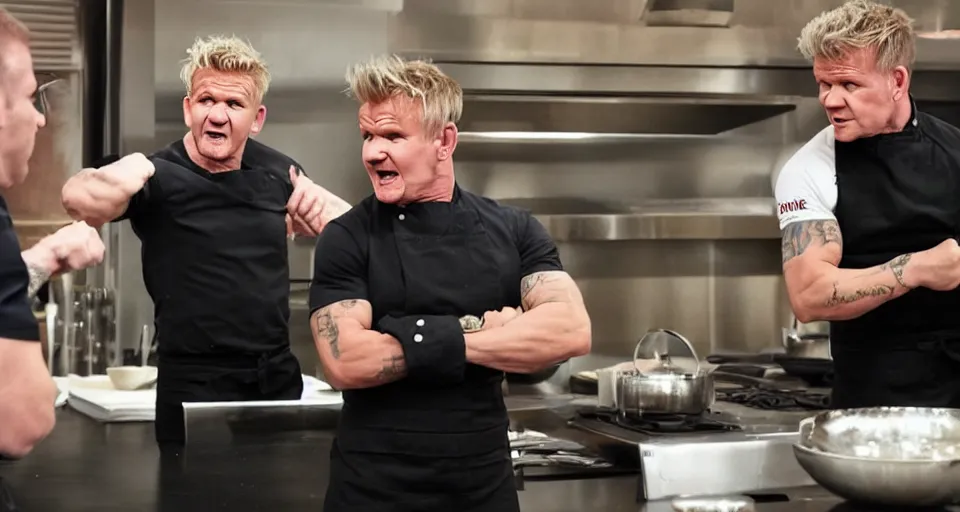 Image similar to photo of angry furious Gordon Ramsay punching Gordon Ramsay at the kitchen