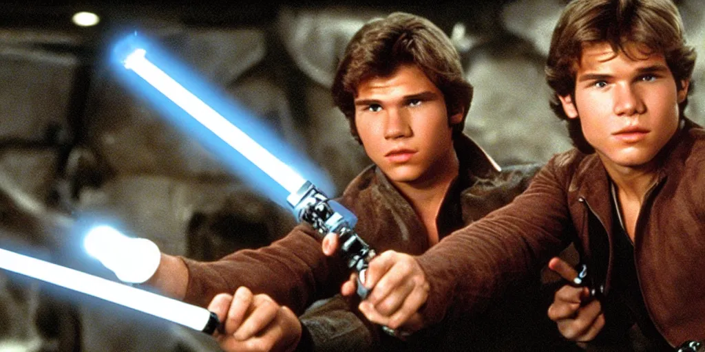 Prompt: a full color still of a teenaged Han Solo holding a lightsaber hilt during a sci-fi battle, cinematic lighting, 1999, directed by Steven Spielberg, 35mm