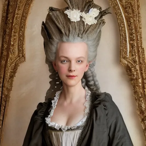 Prompt: marie antoinette wearing robe a la francaise, wow 4 k detail fantasy, matte painting, realistic materials, photo realistic, postprocessing, cinematic, hyperrealistic, studio lighting, ekaterina, the tudors, photography by richard jenkins