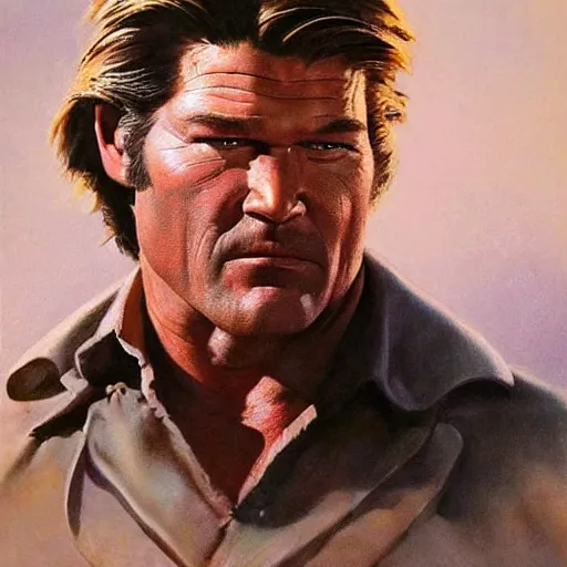 Prompt: ultra realistic portrait painting of kurt russel as a western outlaw, art by frank frazetta, 4 k, ultra realistic, highly detailed, epic lighting