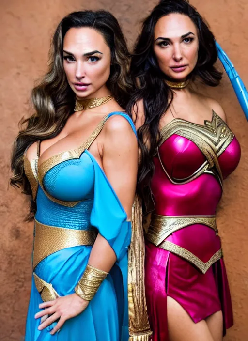 Prompt: portrait of lindsey pelas and gal gadot wearing as princess jasmine, by charlotte grimm, natural light, detailed face, beautiful features, symmetrical, canon eos c 3 0 0, ƒ 1. 8, 3 5 mm, 8 k, medium - format print, half body shot