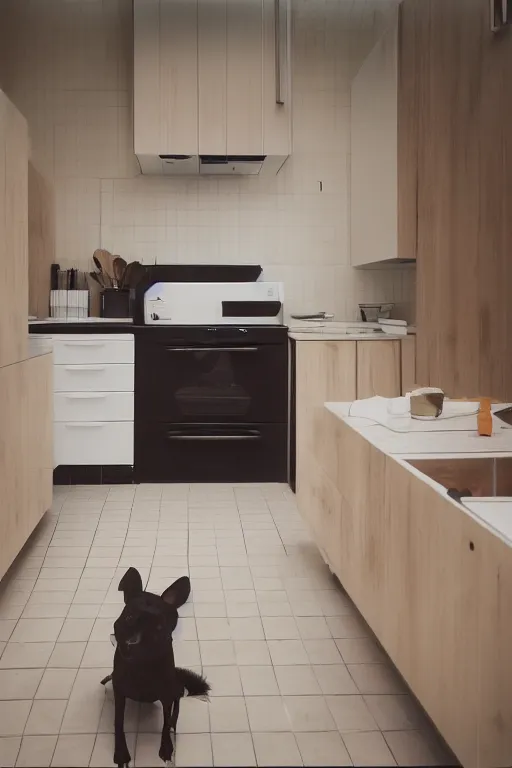 Image similar to Medium Format Portrait Photo of a modern kitchen with a toilet in the middle of the room. A dog is cooking breakfast. award winning, highly detailed, depth of field, Cinestill 800t, wide shot, photo print.