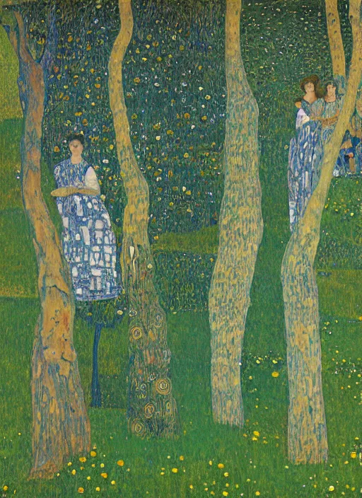 Prompt: a landscape painting of a cognitive optical illusion of trees, with four people who are trees in the foreground making extreme dynamic poses painted by gustav klimt, leonardo davinci